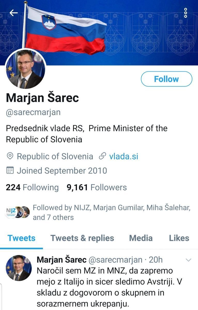 Tvit Marjana Šarca o zaprtju meje
