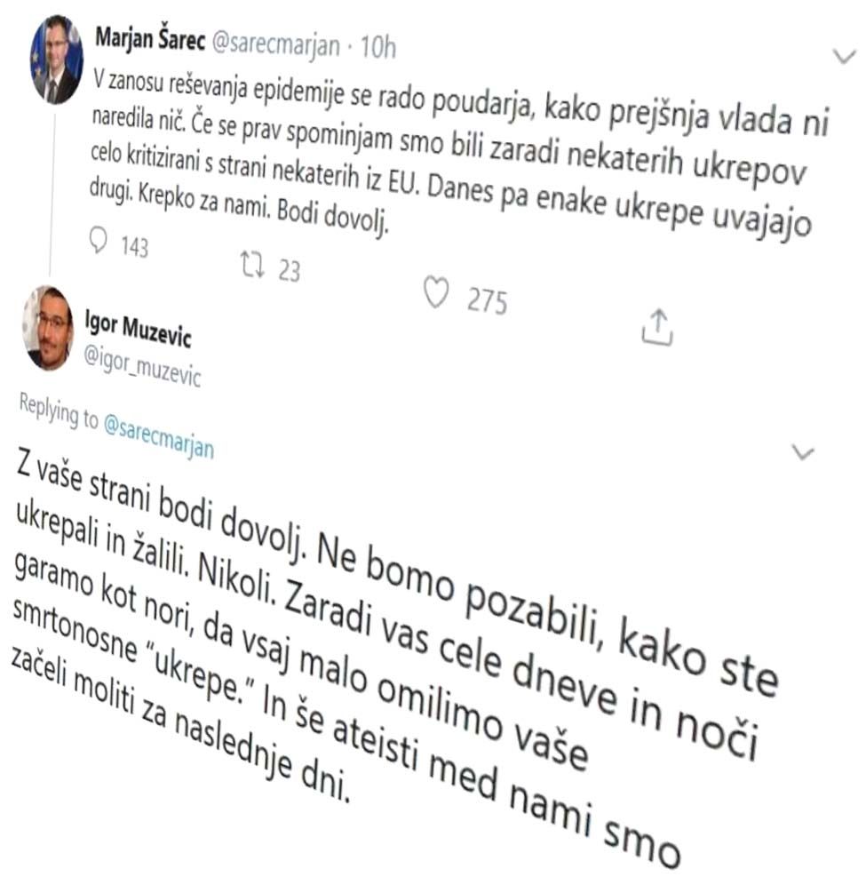 Tvit Igorja Muževiča o delovanju prejšnje vlade