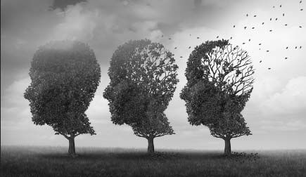 demenca, simbolna fotografija (drevesa v obliki človeške glave, jesensko listje)